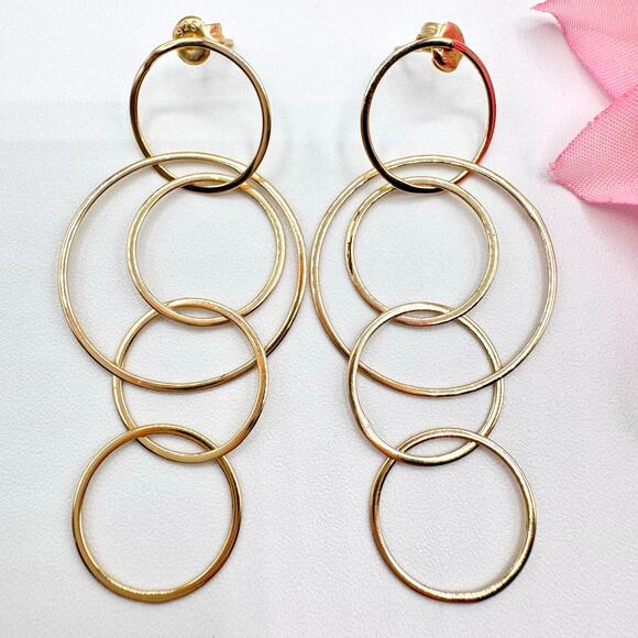 925 Sterling Silver Vermeil Cascading Circles Drop Earrings Gold Over Sterling - Picture 1 of 13